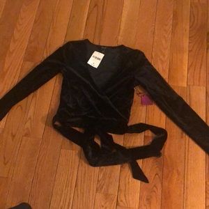 Black wrap around velvet long sleeve shirt